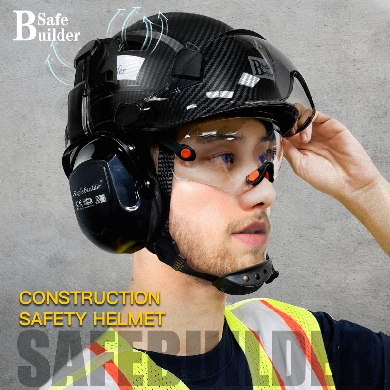 Safebuilder خوذة سلامة البناء مع أقنعة واضحة وملون غطاء للأذنين حماية السمع العمل الصناعي قبعة صلبة للمهندس (01-خوذة سوداء غير لامعة مع قناع واضح وملون و B07 غطاء للأذنين) - Image 3