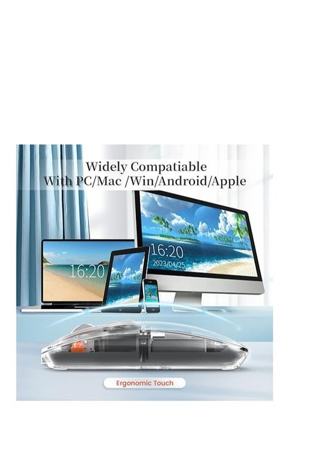 Wireless Bluetooth5.1&2.4G Mini Lightweight Mouse,Transparent Clear Cool,Rechargeable Silent Computer Mice,Nano USB C Receiver,LED Battery Magic Silm for Office/PC/Mac/Laptop/Apple