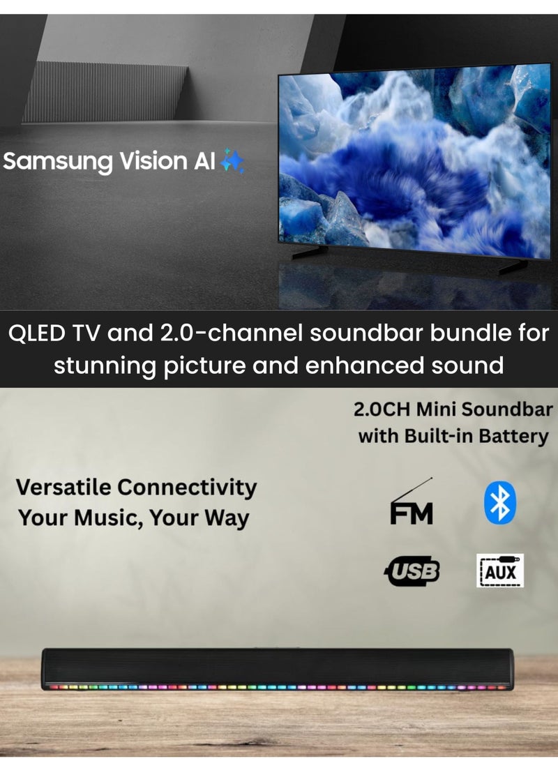 Samsung 55 Inch QLED Q8F 4K Samsung Vision AI Smart TV (2025) +  2.0 Channel Portable Soundbar With Built In Battery & LED Lights | Tizen OS QLED Smart TV (International Model) Q4 AI Processor, HDR10+, Color Booster Pro, YouTube, Netflix, Prime Video, HDMI x3, USB x2 55Q8F+SOUNDBAR Black - Image 2