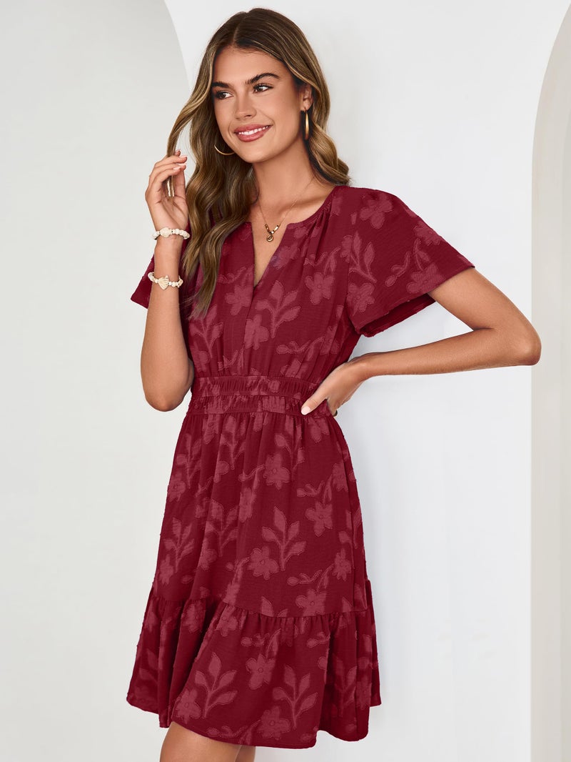 Simplee Womens Summer Floral Dress - Casual Short Sleeve V Neck Empire Waist Boho Flowy A Line Mini Wedding Guest Dresses,Burgundy M - Image 3