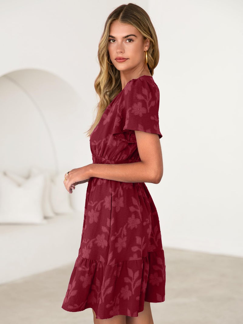 Simplee Womens Summer Floral Dress - Casual Short Sleeve V Neck Empire Waist Boho Flowy A Line Mini Wedding Guest Dresses,Burgundy M - Image 4