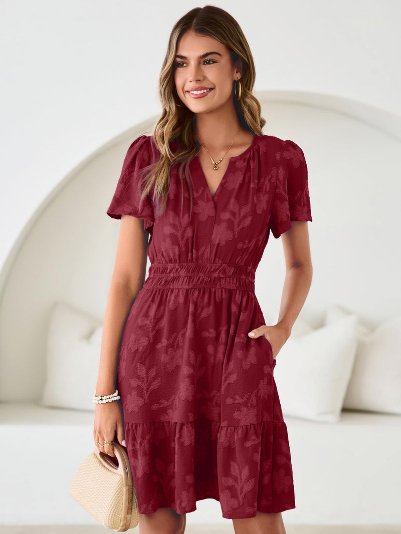 Simplee Womens Summer Floral Dress - Casual Short Sleeve V Neck Empire Waist Boho Flowy A Line Mini Wedding Guest Dresses,Burgundy M - Image 2