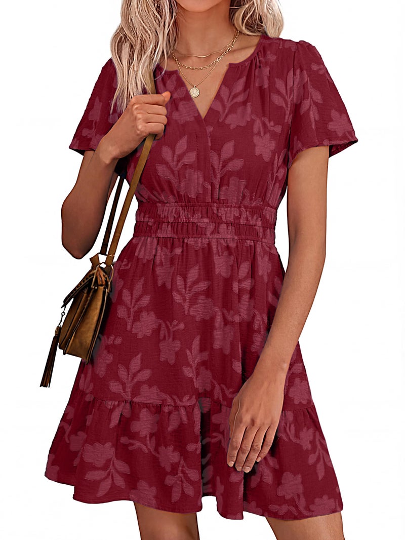 Simplee Womens Summer Floral Dress - Casual Short Sleeve V Neck Empire Waist Boho Flowy A Line Mini Wedding Guest Dresses,Burgundy M - Image 1