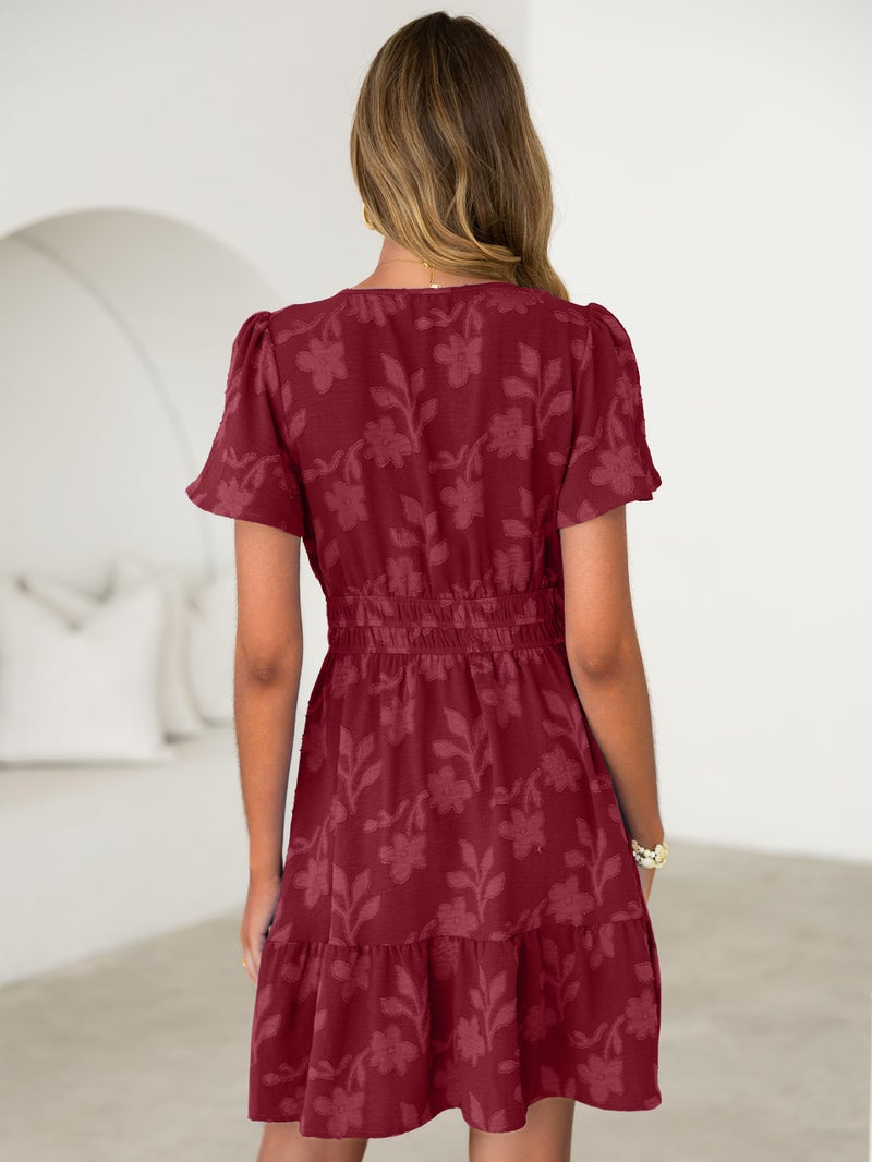 Simplee Womens Summer Floral Dress - Casual Short Sleeve V Neck Empire Waist Boho Flowy A Line Mini Wedding Guest Dresses,Burgundy M - Image 5