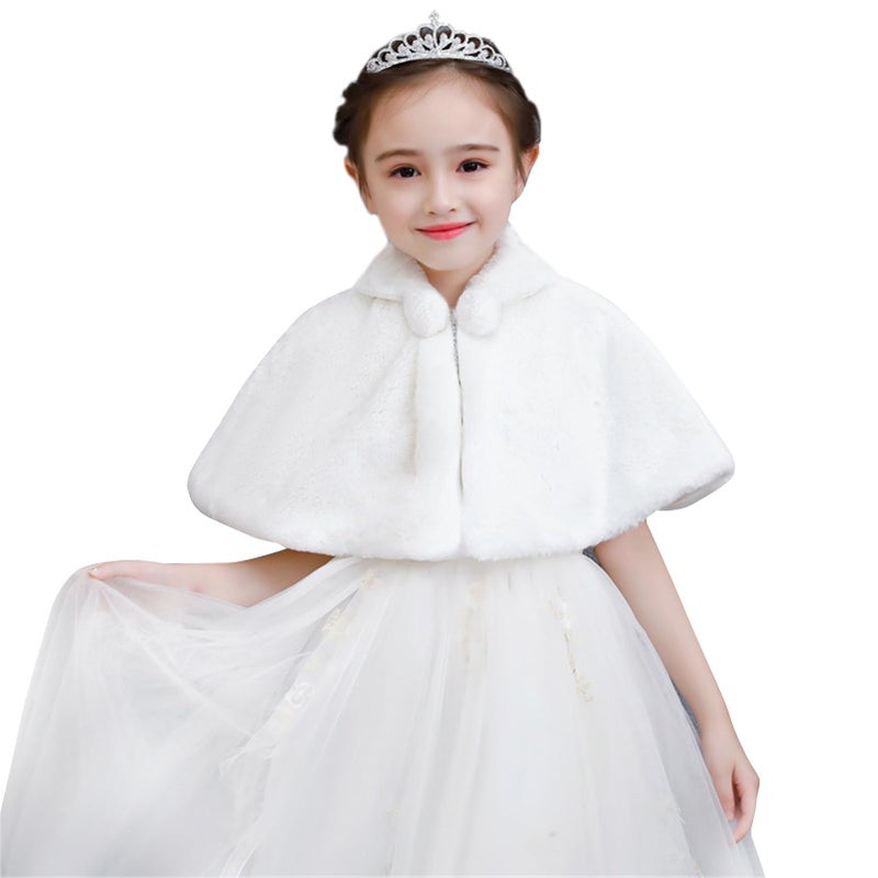 SK Studio Girls Princess Faux Fur Flower Bolero Shrug Party Wedding Dress Up White, White, 8-10 Years - Image 1