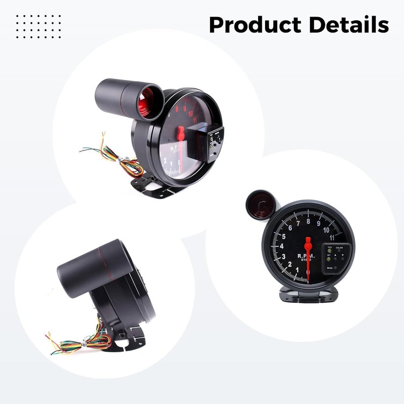 Car Tachometer 5 in with Shift Light, Aluminum Housing, Led Backlit, 12V Compatible, Universal Automotive - Image 2