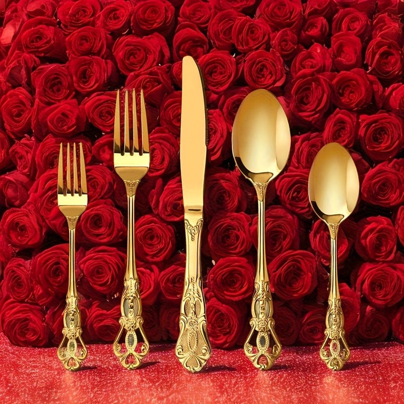 30pcs Golden Stainless Steel Cutlery Set with Hollow Handle Durable Mirror Polished Dishwasher Safe for Home Kitchen Wedding Parties - Image 1