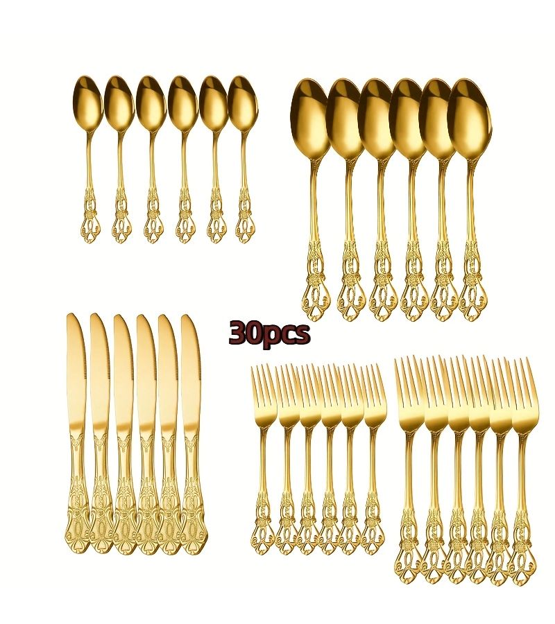 30pcs Golden Stainless Steel Cutlery Set with Hollow Handle Durable Mirror Polished Dishwasher Safe for Home Kitchen Wedding Parties - Image 2