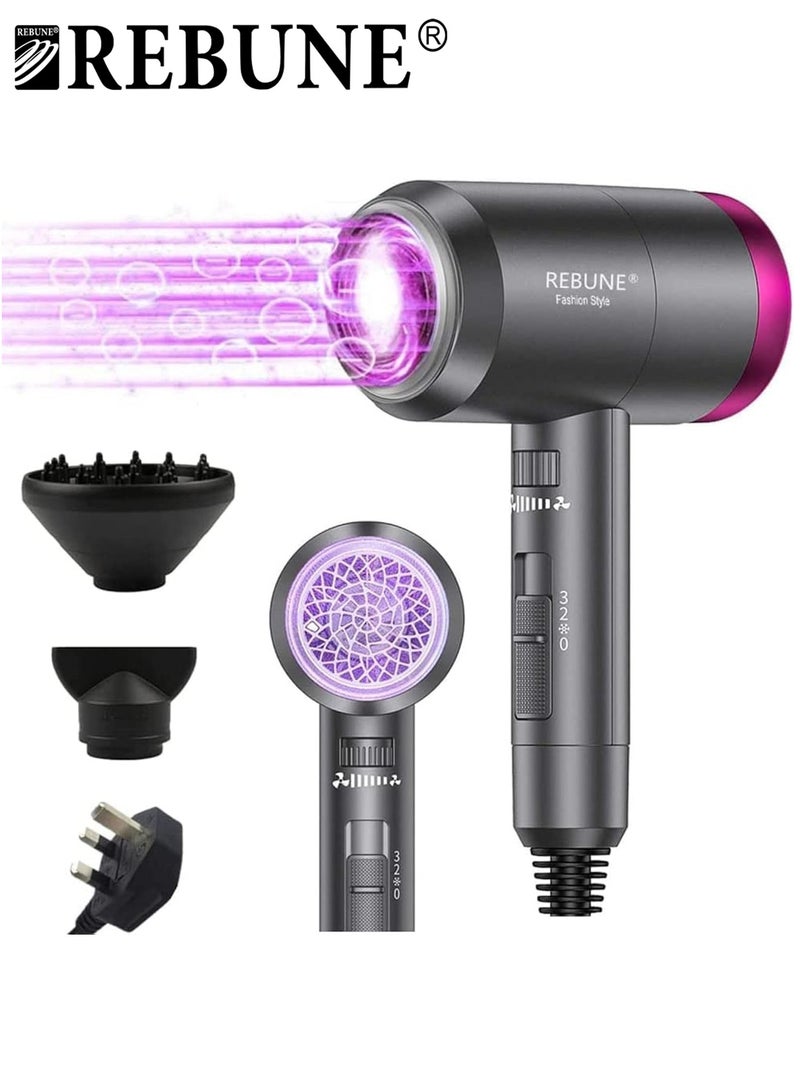 REBUNE Hair Dryer 1800W Powerful AC Motor Fast Drying Ionic Hair Dryer with 2 Speed 3 Heat Setting Grey - Image 1