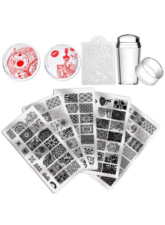 بيوتي 5 قطع من ألواح ختم الأظافر + 1 ختم + 1 مكشطة، قالب ختم فن الأظافر بنمط زهرة الدانتيل الحيوانية، لوحة صورة، ختم فن الأظافر، مكشطة أداة الأظافر - Image 2