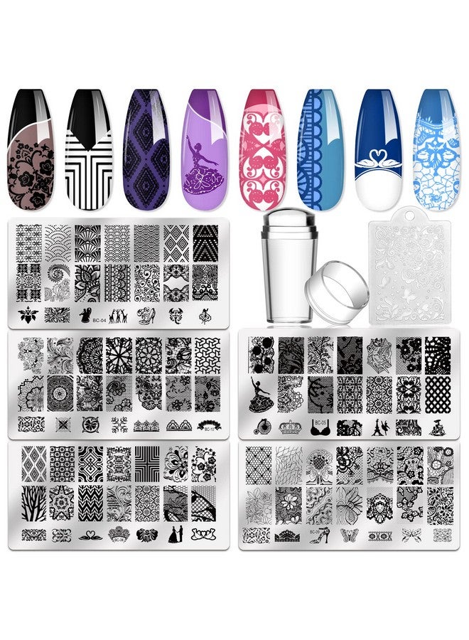 بيوتي 5 قطع من ألواح ختم الأظافر + 1 ختم + 1 مكشطة، قالب ختم فن الأظافر بنمط زهرة الدانتيل الحيوانية، لوحة صورة، ختم فن الأظافر، مكشطة أداة الأظافر - Image 1