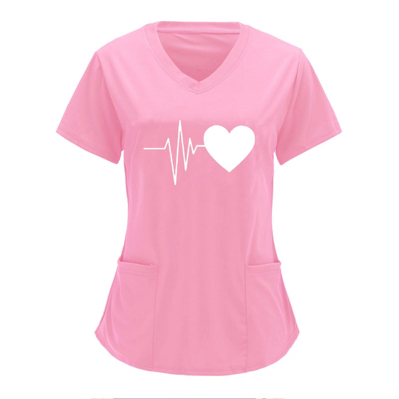 Cross-border European and American Nurses Wear and Care Tooling V-neck Double Pocket Heartbeat Love Printed Shirt Short-sleeved T-shirt plus size Pink