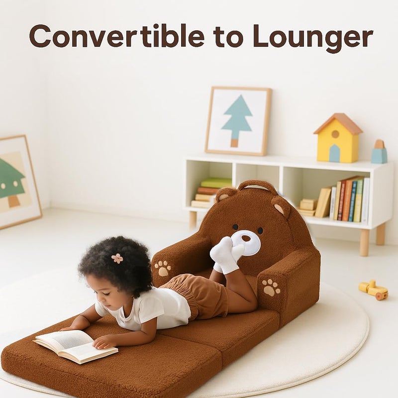 MOONBEEKI 2-in-1 Foldable Toddler Couch, Soft Sherpa Fabric with Washable Cover, Convertible Sofa to Lounger, Kids Sofa for Playroom, Bedroom, Living Room, Birthday Gift, Ages 1-3, Bear, Medium - Image 2