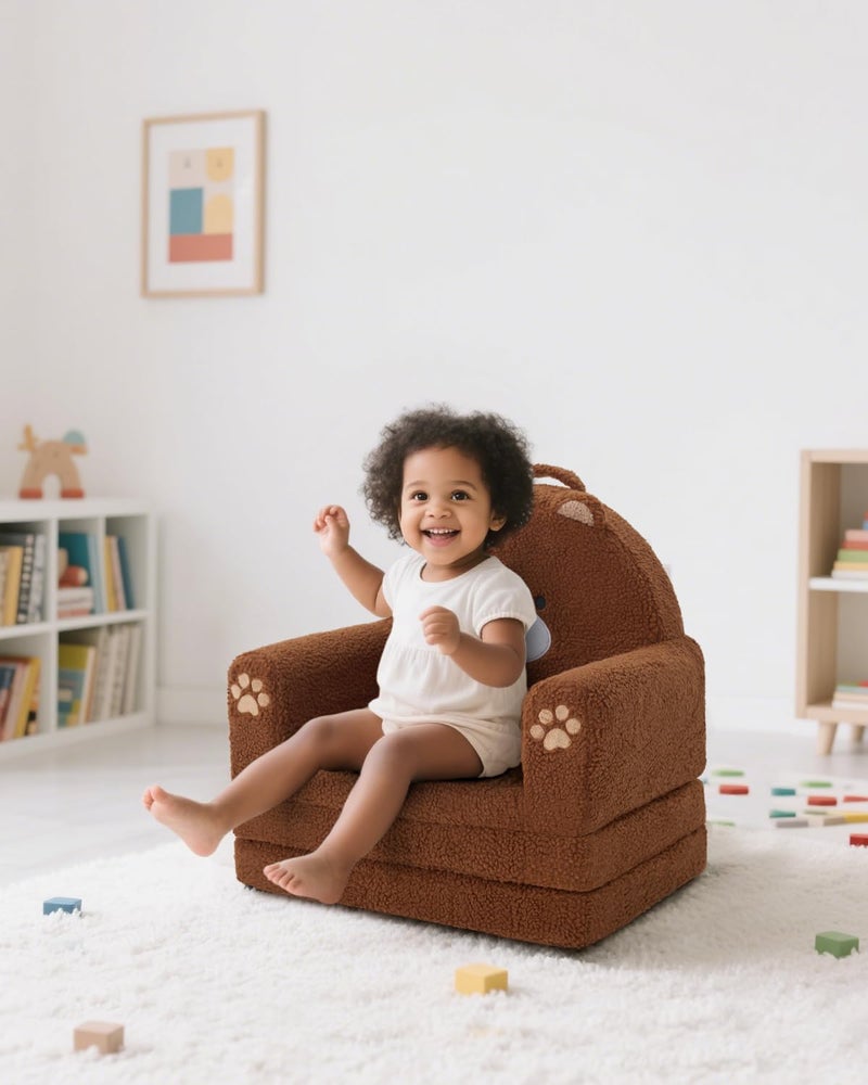 MOONBEEKI 2-in-1 Foldable Toddler Couch, Soft Sherpa Fabric with Washable Cover, Convertible Sofa to Lounger, Kids Sofa for Playroom, Bedroom, Living Room, Birthday Gift, Ages 1-3, Bear, Medium - Image 4
