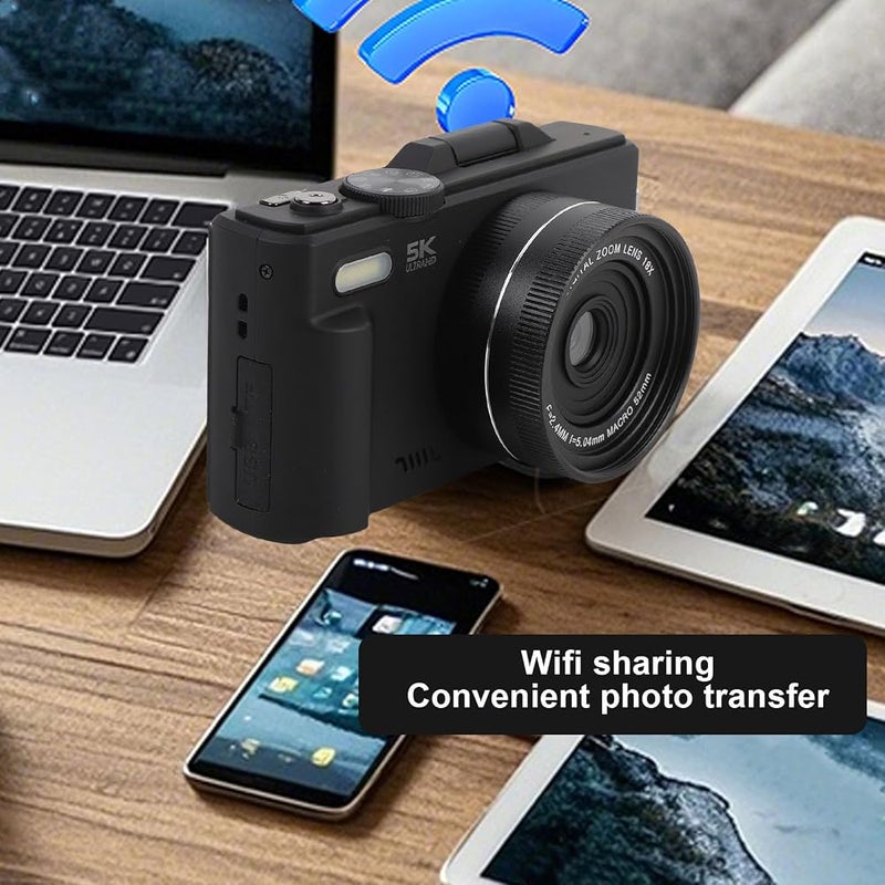 Bewinner 5K Digital Camera for Photography, UHD Autofocus WiFi 75 MP 180° Flip Screen 18X Zoom Compact Point Shoot Vlogging Camera, HD WiFi Compact Cameras for YouTube Travel (Black) - Image 4