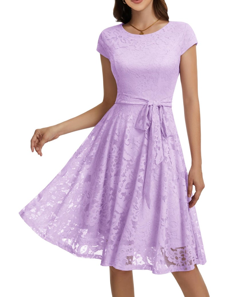 MUADRESS Women Cap-Sleeve Lace Floral Elegant Cocktail Dress Crew Neck Knee Length Bridesmaid Prom Dresses for Party Lavender 2XL - Image 1