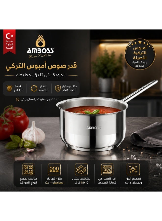 AMBOSS 18/10 Stainless Steel Saucepan with Long Handle | 16cm | 1.8L Capacity | Versatile | Suitable for all types of hobs and dishwashers - Image 1
