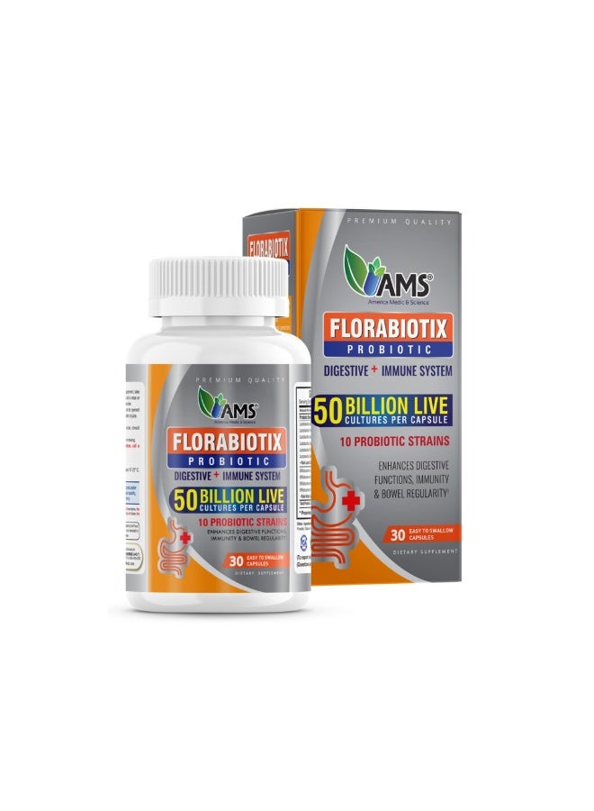 AMS Florabiotix Probiotic Capsules 50 Billion CFU – Digestive & Immune Support, 10 Strains, 30 Capsules - Image 1