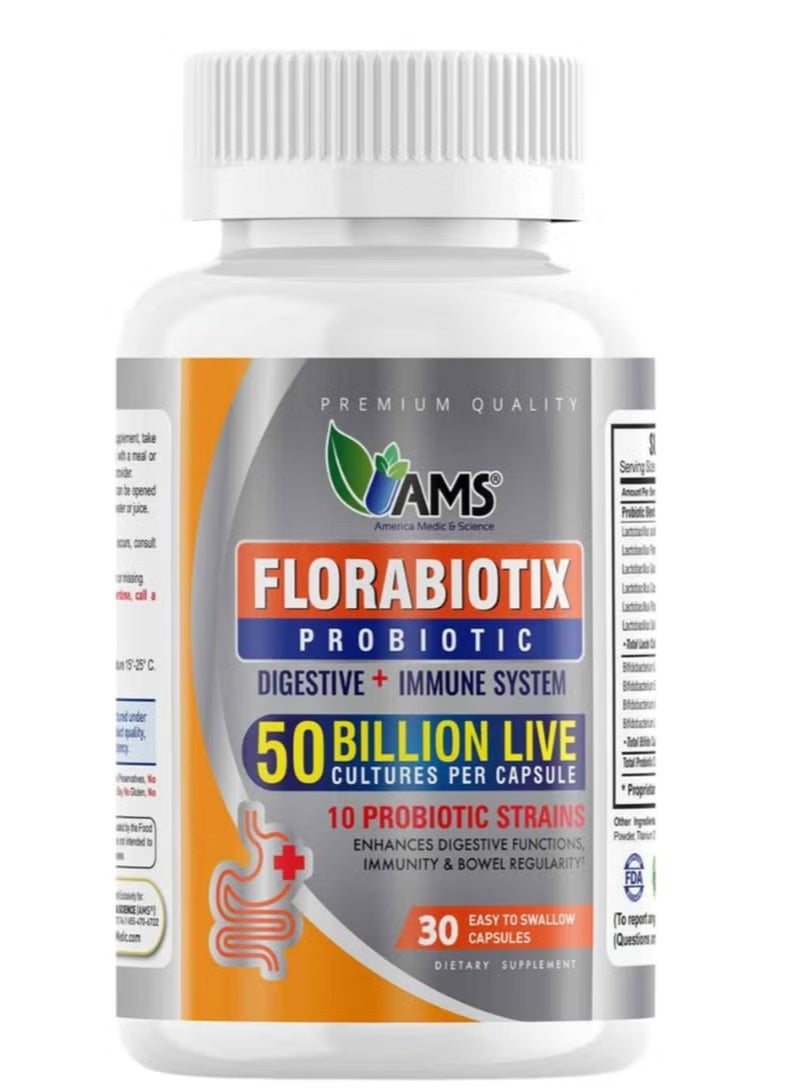 AMS Florabiotix Probiotic Capsules 50 Billion CFU – Digestive & Immune Support, 10 Strains, 30 Capsules - Image 3