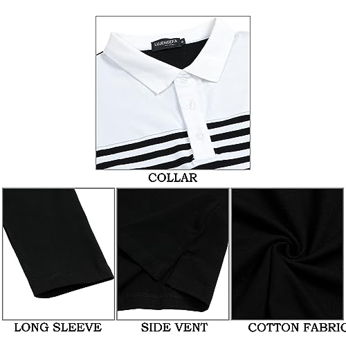 LUJENGEFA Long Sleeve Polo Shirts for Men Striped Casual Slim Fit Golf Polo Contrast Color Fall Winter Cotton T-Shirts Tops White+ Black M - Image 5