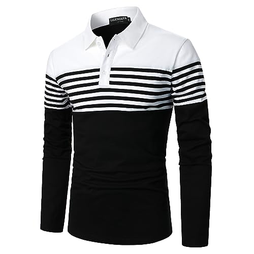 LUJENGEFA Long Sleeve Polo Shirts for Men Striped Casual Slim Fit Golf Polo Contrast Color Fall Winter Cotton T-Shirts Tops White+ Black M - Image 2