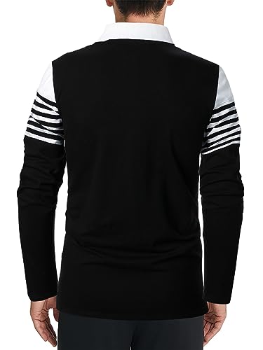 LUJENGEFA Long Sleeve Polo Shirts for Men Striped Casual Slim Fit Golf Polo Contrast Color Fall Winter Cotton T-Shirts Tops White+ Black M - Image 4