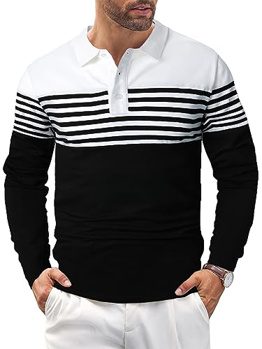 LUJENGEFA Long Sleeve Polo Shirts for Men Striped Casual Slim Fit Golf Polo Contrast Color Fall Winter Cotton T-Shirts Tops White+ Black M - Image 3
