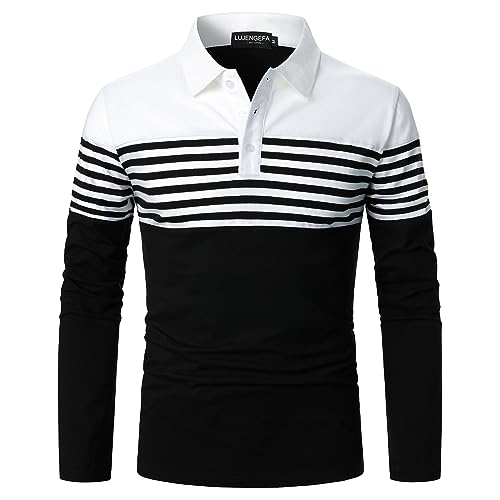 LUJENGEFA Long Sleeve Polo Shirts for Men Striped Casual Slim Fit Golf Polo Contrast Color Fall Winter Cotton T-Shirts Tops White+ Black M - Image 1
