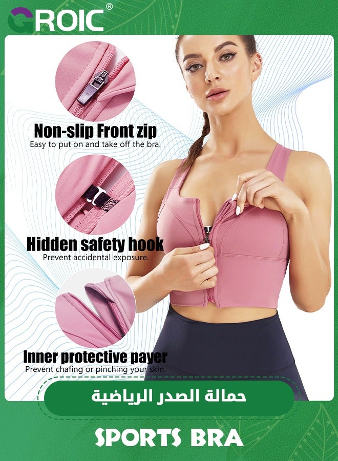 GROIC Women's Zip Up Front Sports Bras Longline Criss Cross Back High Impact Compression Bra Post Surgery Padded Wirefree, High Impact Strappy Back Support Workout Top Workout Gym Yoga Bras - Image 2