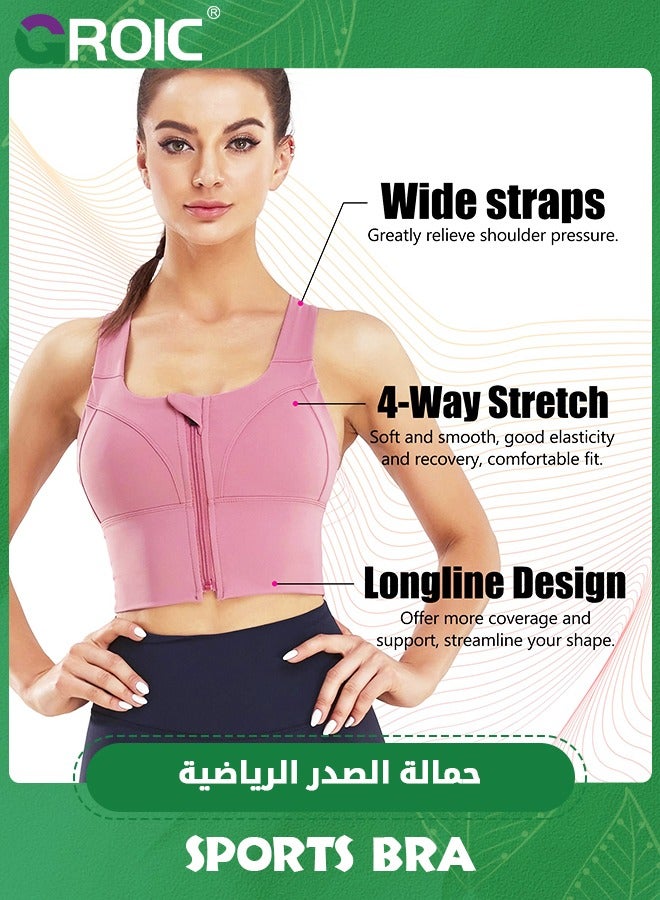 GROIC Women's Zip Up Front Sports Bras Longline Criss Cross Back High Impact Compression Bra Post Surgery Padded Wirefree, High Impact Strappy Back Support Workout Top Workout Gym Yoga Bras - Image 3