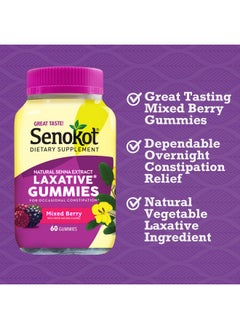 Senokot Dietary Supplement Laxative Gummies, Natural Senna Extract, Gentle, Overnight Relief From Occasional Constipation, Mixed Berry Flavor, 60 Count.  - Image 3
