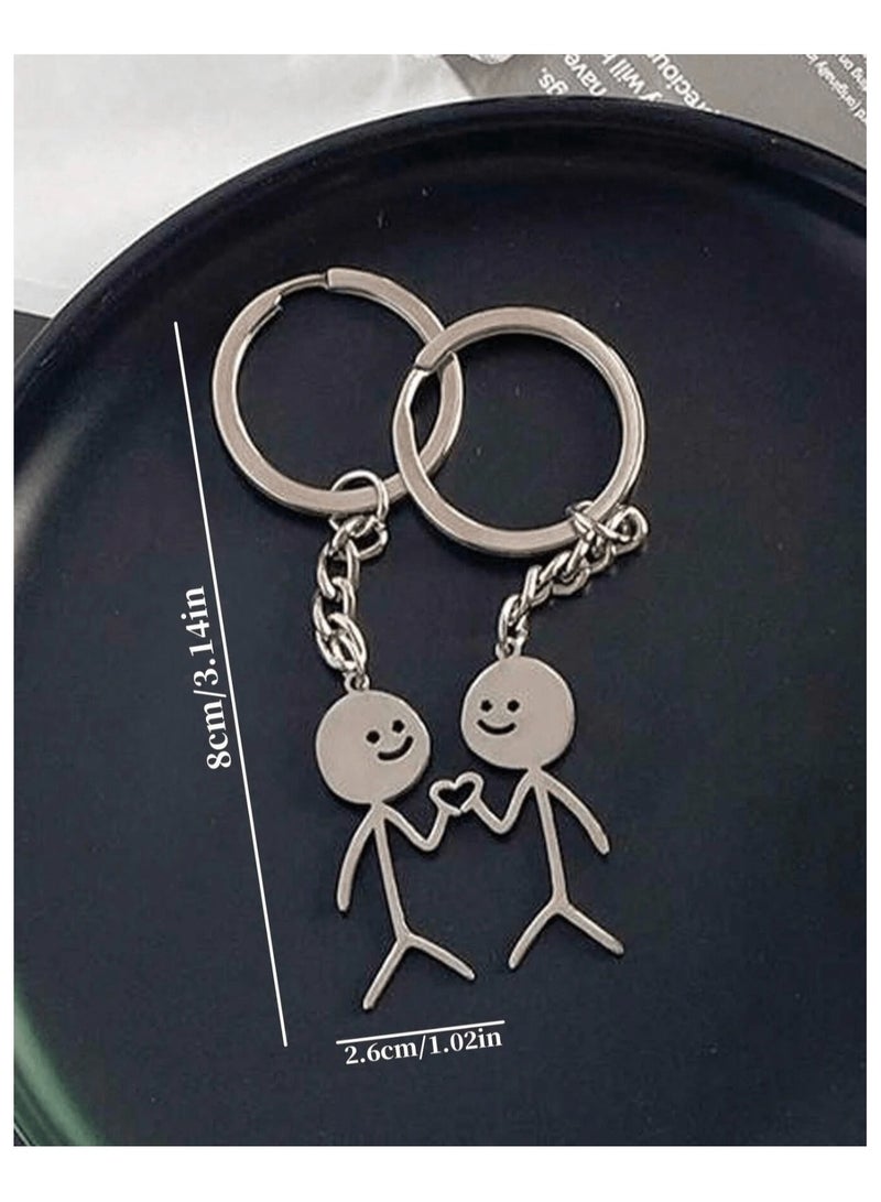 Couple Key Chain, Cute Cartoon Matchstick Figure Holding Heart, 2 Pcs Stainless Steel Abstract, Silvery Keychains for Him and Her - Image 4