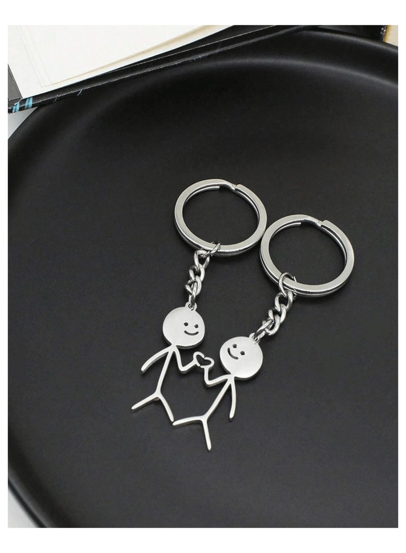 Couple Key Chain, Cute Cartoon Matchstick Figure Holding Heart, 2 Pcs Stainless Steel Abstract, Silvery Keychains for Him and Her - Image 1
