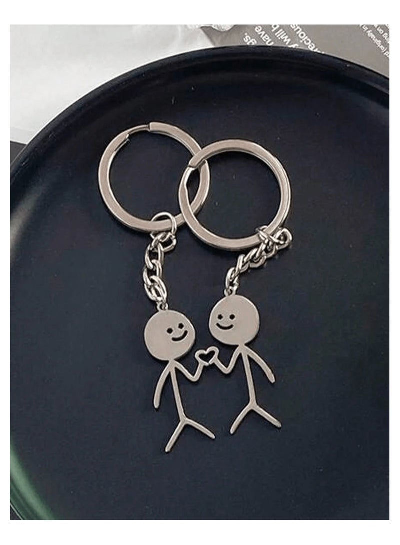 Couple Key Chain, Cute Cartoon Matchstick Figure Holding Heart, 2 Pcs Stainless Steel Abstract, Silvery Keychains for Him and Her - Image 3
