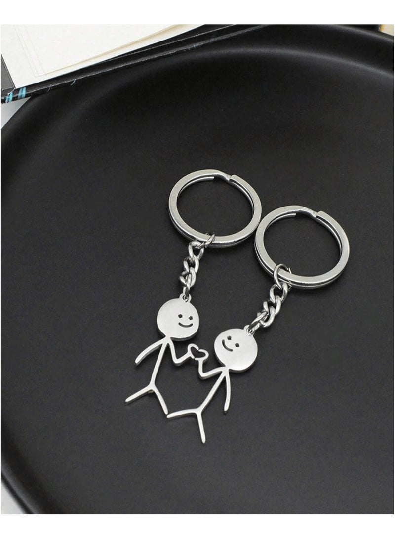 Couple Key Chain, Cute Cartoon Matchstick Figure Holding Heart, 2 Pcs Stainless Steel Abstract, Silvery Keychains for Him and Her - Image 5