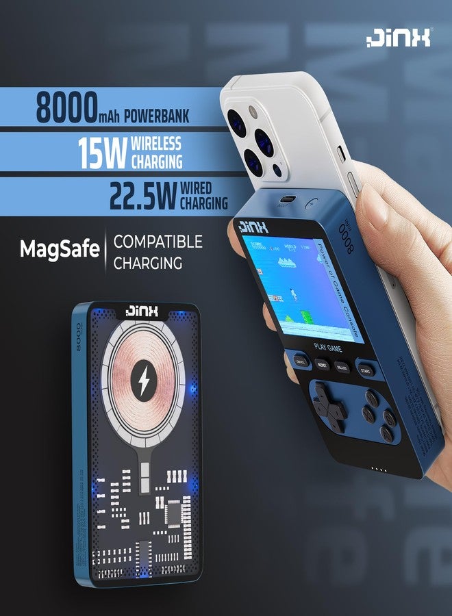 جينكس بنك طاقة مغناطيسي لاسلكي JINX Alpha مع لعبة فيديو كلاسيكية | ألعاب مدمجة كلاسيكية مع بنك الطاقة | بنك طاقة ليثيوم بوليمر 8000 مللي أمبير 15 وات متوافق مع Magsafe، شحن سريع لأجهزة iPhone وAndroid (أزرق) - Image 3