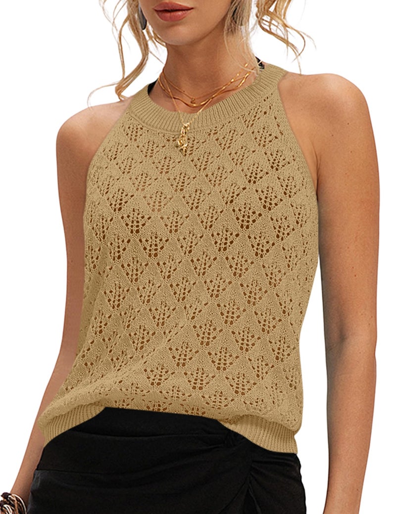 LUYAA Sweater Tank Tops for Women Summer Tops for Seniors Lightweight Resort Shirt Womens Knit Crochet Sweater Vest 2026 Khaki L - Image 4