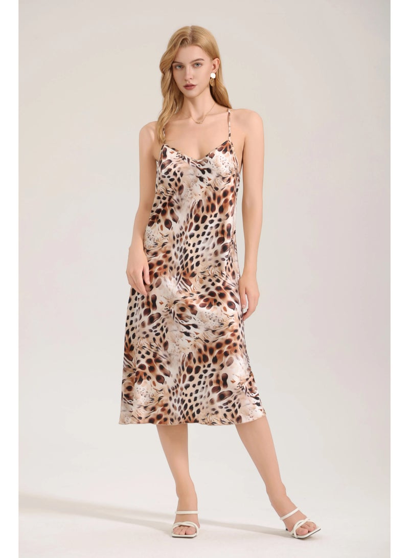 Closme Women's Satin Leopard Print Dress – V-Neck Spaghetti Strap Midi Dress for Summer Occasions - Image 1