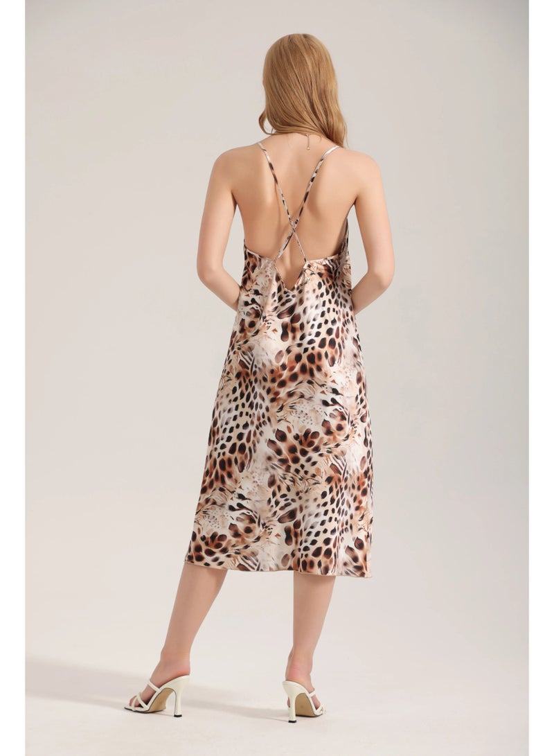 Closme Women's Satin Leopard Print Dress – V-Neck Spaghetti Strap Midi Dress for Summer Occasions - Image 2