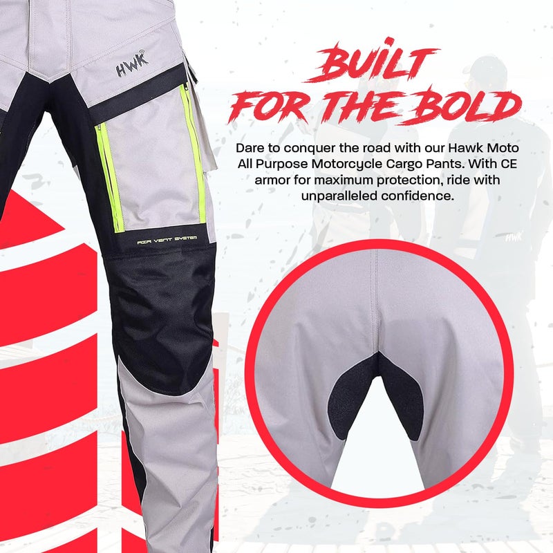 HWK Waterproof Motorcycle Cargo Pants, Durable Motorcycle Riding Pants with CE Armor and Multiple Pockets, Machine Washable Hi-Vis Polyester Moto Gear for Men - Silver, Waist 34"-36", Inseam 34" - Image 2