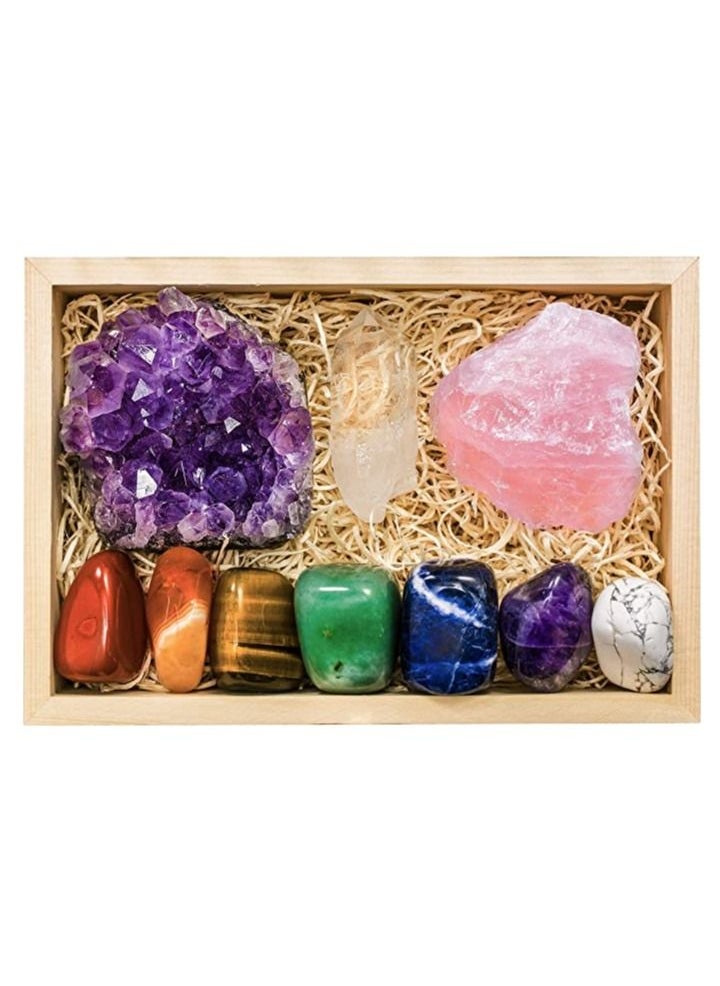 AL RAID - Crystalya Premium Grade Crystals and Healing Stones in Wooden Display Box - 7 Tumbled Chakra Gemstones, Amethyst Crystal, Rose Quartz, Quartz Crystal Point + Guide & Instructions - Gift Kit - Image 1