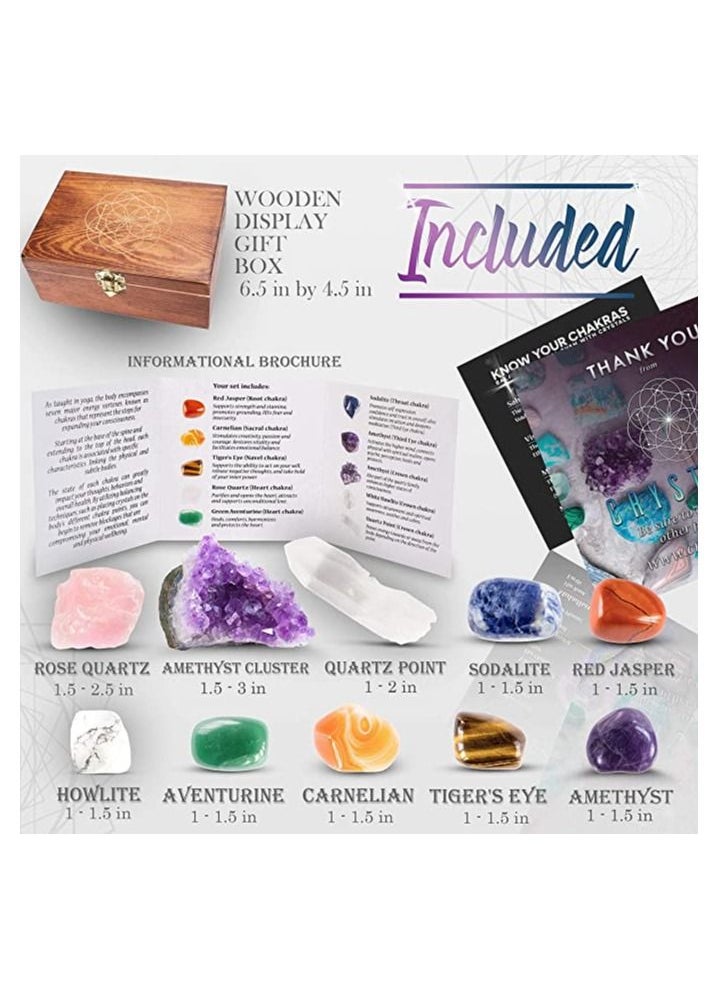 AL RAID - Crystalya Premium Grade Crystals and Healing Stones in Wooden Display Box - 7 Tumbled Chakra Gemstones, Amethyst Crystal, Rose Quartz, Quartz Crystal Point + Guide & Instructions - Gift Kit - Image 1