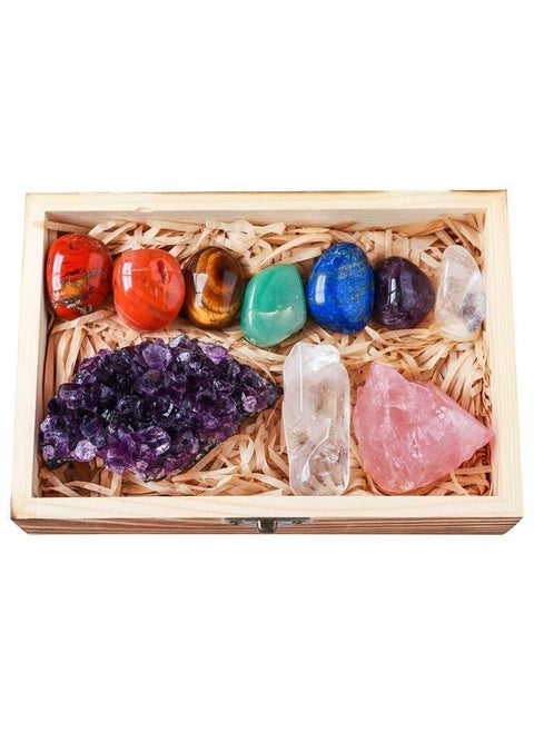 Crystalya Premium Grade Crystals and Healing Stones in Wooden Display Box - 7 Tumbled Chakra Gemstones, Amethyst Crystal, Rose Quartz, Quartz Crystal Point + Guide & Instructions - Gift Kit