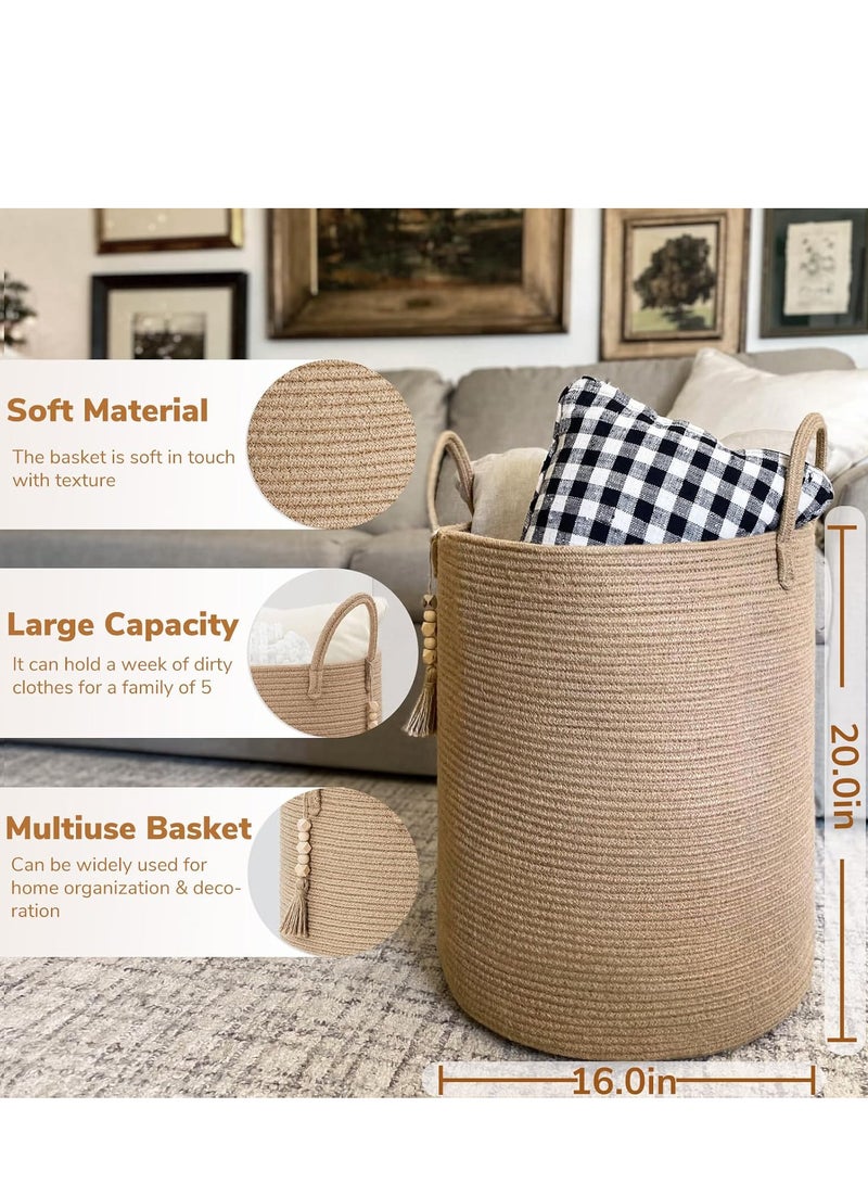 Cotton Rope Laundry Basket Hamper for Clothes Woven Storage Basket for Living Room Bedroom Boho Tall Rope Baskets for Blanket Toys Pillow Towels Baby Nursery Hamper Bin Large Jute Basket - Image 2