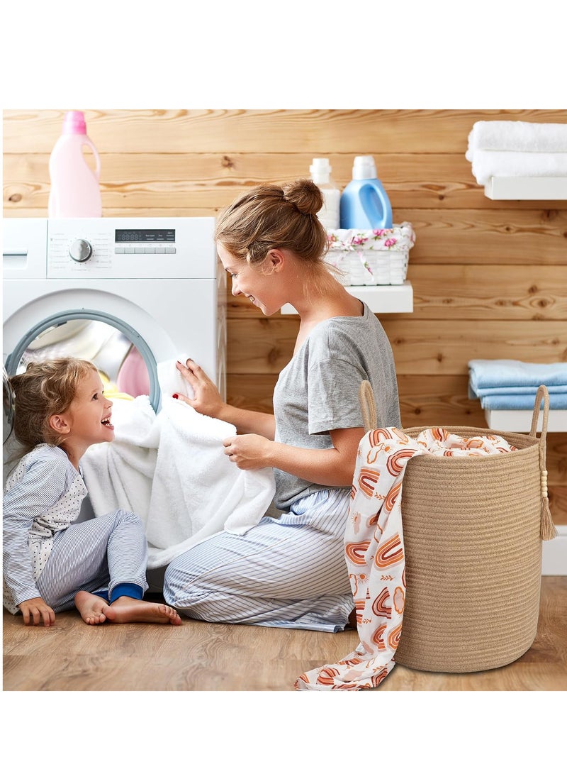 Cotton Rope Laundry Basket Hamper for Clothes Woven Storage Basket for Living Room Bedroom Boho Tall Rope Baskets for Blanket Toys Pillow Towels Baby Nursery Hamper Bin Large Jute Basket - Image 4