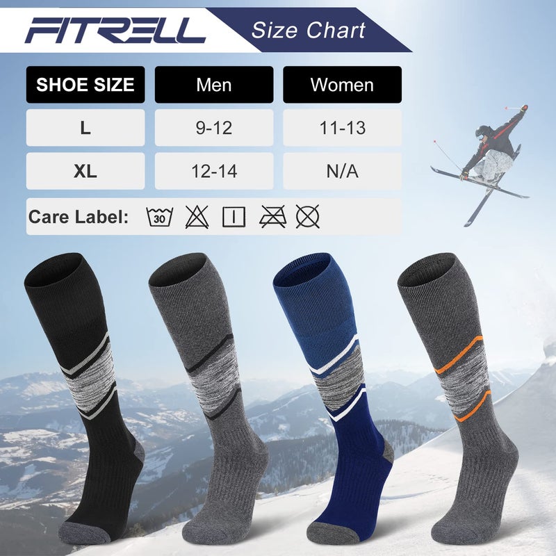 FITRELL 2 Pack Men's and Women's Ski Socks Full Cushioned Winter Merino Wool Thermal Knee High Warm Socks for Skiing Snowboarding, Black, X-Large, Shoe Size 13-15 - Image 3