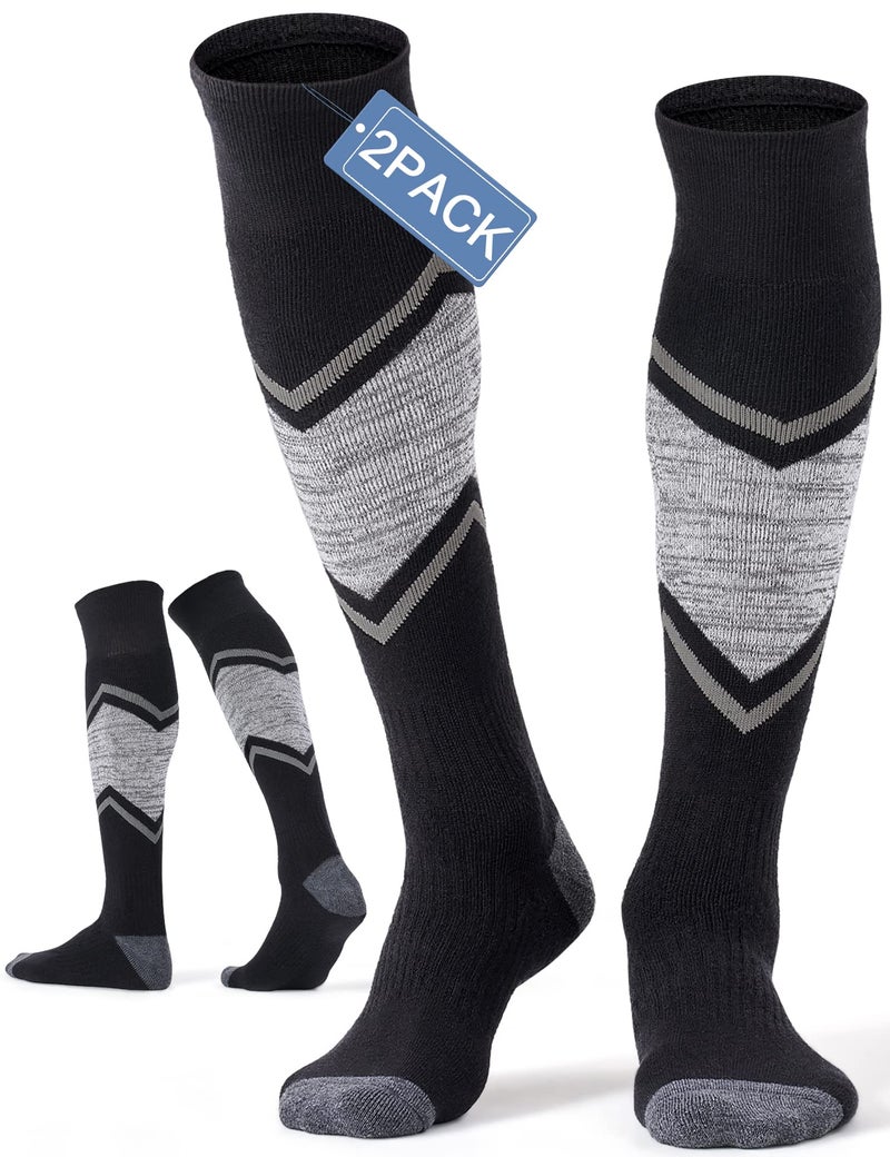 FITRELL 2 Pack Men's and Women's Ski Socks Full Cushioned Winter Merino Wool Thermal Knee High Warm Socks for Skiing Snowboarding, Black, X-Large, Shoe Size 13-15 - Image 1