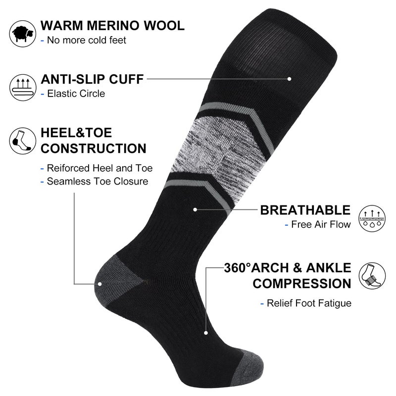 FITRELL 2 Pack Men's and Women's Ski Socks Full Cushioned Winter Merino Wool Thermal Knee High Warm Socks for Skiing Snowboarding, Black, X-Large, Shoe Size 13-15 - Image 5