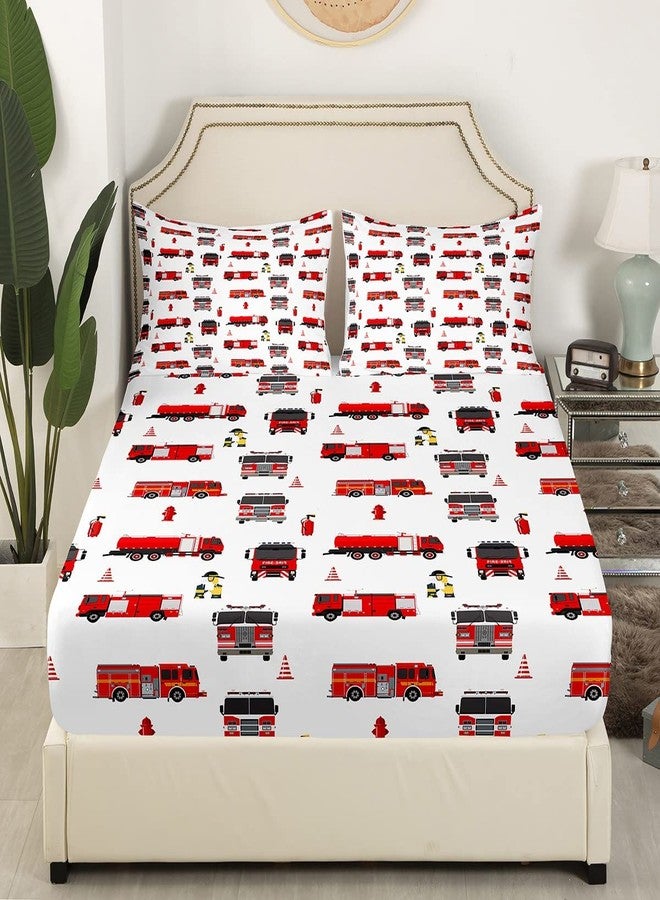 Erosebridal Fire Truck Sheet Set Queen for Boys Teens Girls Firemen Car Vehicle Flat Sheet Kids Youth Firefighter Truck Fitted Sheet Red Fire Fighting Supplies Print Bed Sheet Set with 2 Pillowcases - Image 3