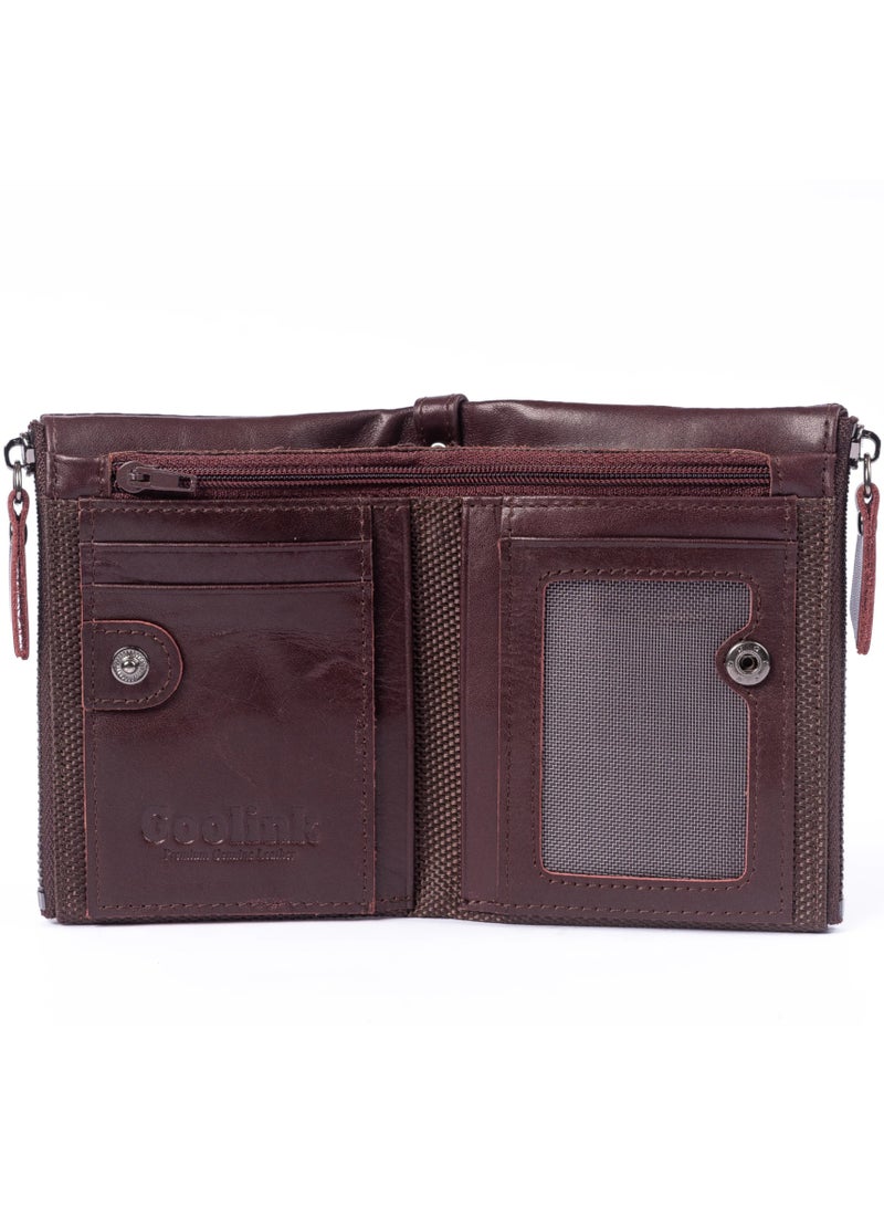 محفظة جولينك للرجال – GL32402 | جلد عنابي فاخر، RFID، سحاب مزدوج